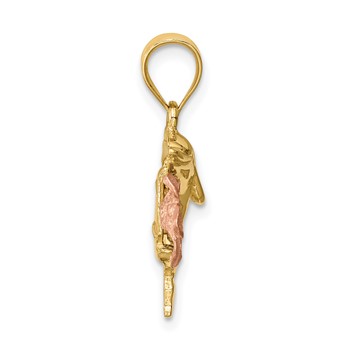 14K Two-tone Brushed and Polished Diamond-cut Plumeria with Dolphin Pendant — alternate view