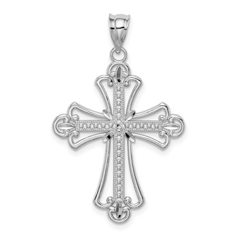 14K White Gold Polished Diamond-cut Textured Cross Pendant