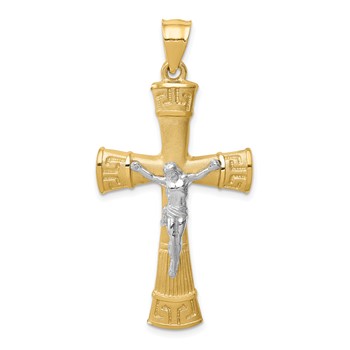 14K Two-tone Brushed and Polished Greek Key Crucifix Pendant