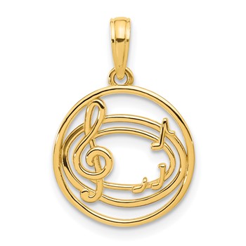 14k Polished Music Notes and Treble Clef in Circle Pendant