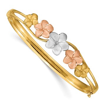 14k Tri-color Polished and Satin Diamond-cut Plumeria Hinged Oval Bangle Bracelet