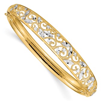 14K with White Rhodium Diamond-cut Filigree Graduated 9.00mm Hinged Oval Bangle Bracelet