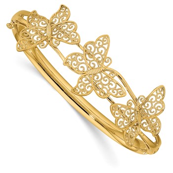 14K Polished Filigree Butterflies Hinged Oval Bangle Bracelet