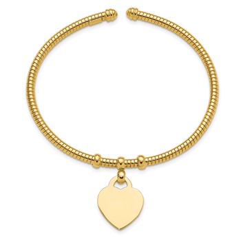 14K Polished and Textured Flexible Heart Dangle Bangle Bracelet — alternate view