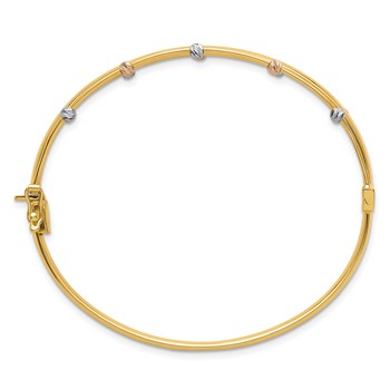 14k Tri-color Polished 3-Row Diamond-cut Beaded Hinged Oval Bangle Bracelet — alternate view