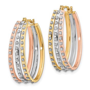14k Tri-color Diamond Fascination Diamond Dust/Accent Oval 3-Hoop Earrings — alternate view