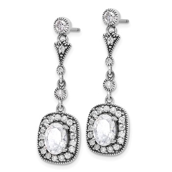 Sterling Silver Antiqued Polished CZ Post Dangle Earrings — alternate view