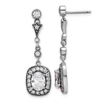 Sterling Silver Antiqued Polished CZ Post Dangle Earrings