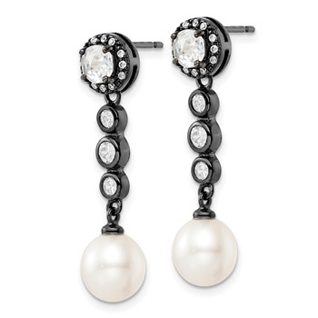 Sterling Silver Black Rhodium CZ & FWC Pearl Drop Earrings — alternate view