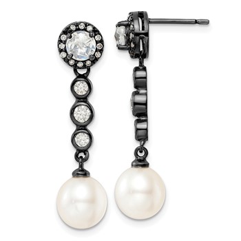 Sterling Silver Black Rhodium CZ & FWC Pearl Drop Earrings