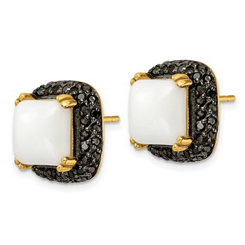 SS Gold-tone Blk Rhodium Simulated White Agate & Black CZ Earrings — alternate view