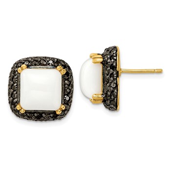 SS Gold-tone Blk Rhodium Simulated White Agate & Black CZ Earrings