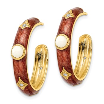 Gold Plate Silver Simulated White Agate Enamel Hoop Earring — alternate view