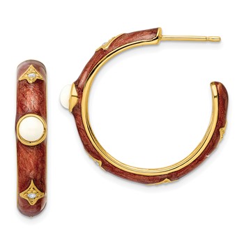 Gold Plate Silver Simulated White Agate Enamel Hoop Earring