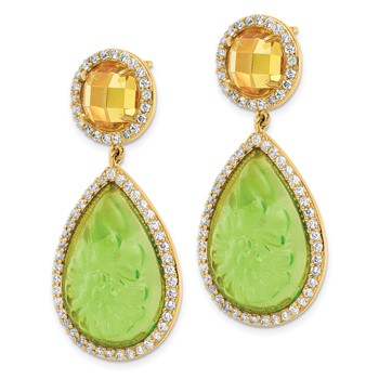 Gold Plate Silver Simulated Peridot Carved Pear Drop with cz Earring — alternate view