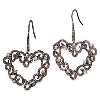 Sterling Silver Black RH-plated White & Brown CZ Heart Shape Drop Earrings — alternate view