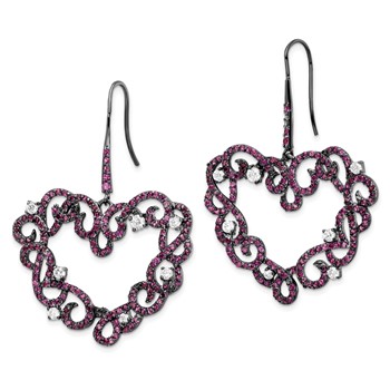 Sterling Silver Black RH-plated Synthetic Ruby Heart Shape & CZ Earrings — alternate view