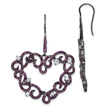 Sterling Silver Black RH-plated Synthetic Ruby Heart Shape & CZ Earrings