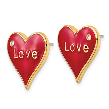 Brass Polished Red Enamel CZ Love Heart Post Earrings — alternate view