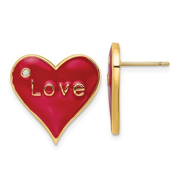 Brass Polished Red Enamel CZ Love Heart Post Earrings