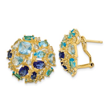 Sterling Silver Gold-tone Multi Color Blue CZ Omega Back Earrings