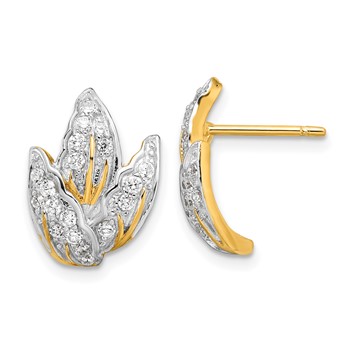 Sterling Silver Gold-tone CZ Leaf Post Earrings
