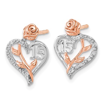 14K White and Rose Gold 1/20 carat Diamond Quinceanera 15 Heart Post Earrings — alternate view