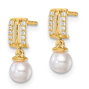 14K Polished 1/15 carat Diamond and White Freshwater Cultured Pearl Dangle Post Earrings — alternate view