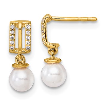 14K Polished 1/15 carat Diamond and White Freshwater Cultured Pearl Dangle Post Earrings