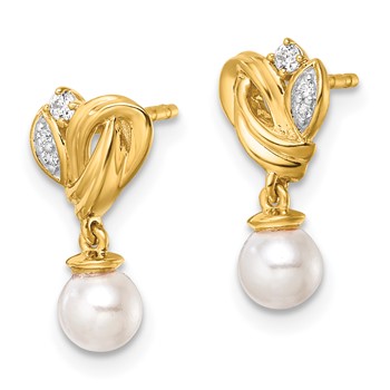 14K Polished 1/15 carat Diamond and White Freshwater Cultured Pearl Dangle Post Earrings — alternate view
