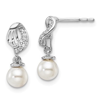 14K White Gold Polished 1/20 carat Diamond and White Freshwater Cultured Pearl Dangle Post Earrings