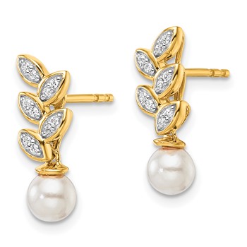 14K Polished 1/10 carat Diamond and White Freshwater Cultured Pearl Leaf Design Dangle Post Earrings — alternate view