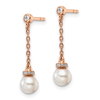 14K Rose Gold Polished 1/10 carat Diamond and White Freshwater Cultured Pearl Chain Dangle Post Earrings — alternate view