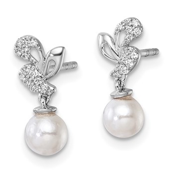 14K White Gold Polished 1/10 carat Diamond and White Freshwater Cultured Pearl Dangle Post Earrings — alternate view