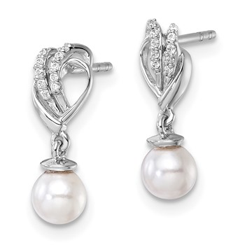 14K White Gold Polished 1/15 carat Diamond and White Freshwater Cultured Pearl Dangle Post Earrings — alternate view