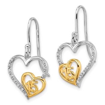 14K Two-tone Polished 1/20 carat Diamond Quinceanera 15 Heart Dangle French Hook Earrings — alternate view