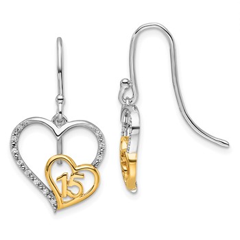 14K Two-tone Polished 1/20 carat Diamond Quinceanera 15 Heart Dangle French Hook Earrings