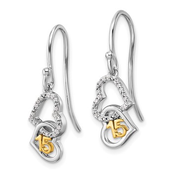 14K Two-tone 1/10 carat Diamond Quinceanera 15 Double Heart Dangle French Hook Earrings — alternate view