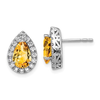 14K White Gold Lab Grown VS/SI FGH Dia and Citrine Pear Post Earrings
