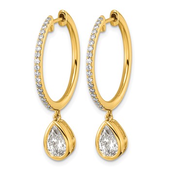 True Origin 14k Yellow Gold 2 3/8 carat Lab Grown Diamond VS+ F+ Complete Pear Bezel-Set Dangle In/Out Hoop Earrings — alternate view