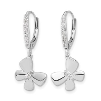 14k White Gold 1/6 carat Diamond Butterfly Dangle Leverback Earrings — alternate view