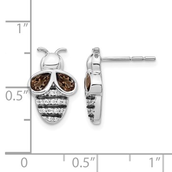14k White Gold and Black Rhodium 1/6 carat Diamond and Smokey Quartz Bee Post Earrings — alternate view