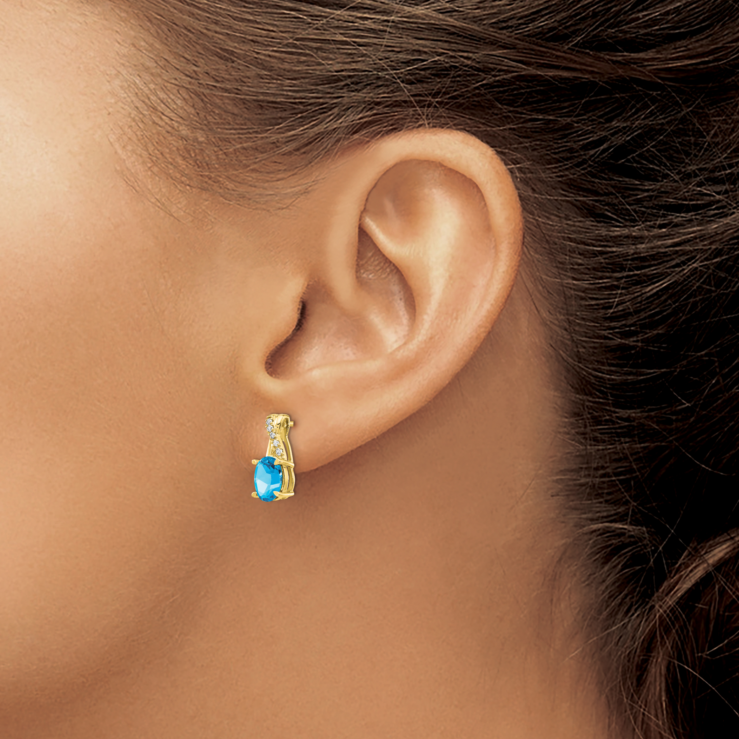 Diamond 7x5mm Oval December Blue Topaz Post Earrings Real 10k Yellow Gold detailed image 3