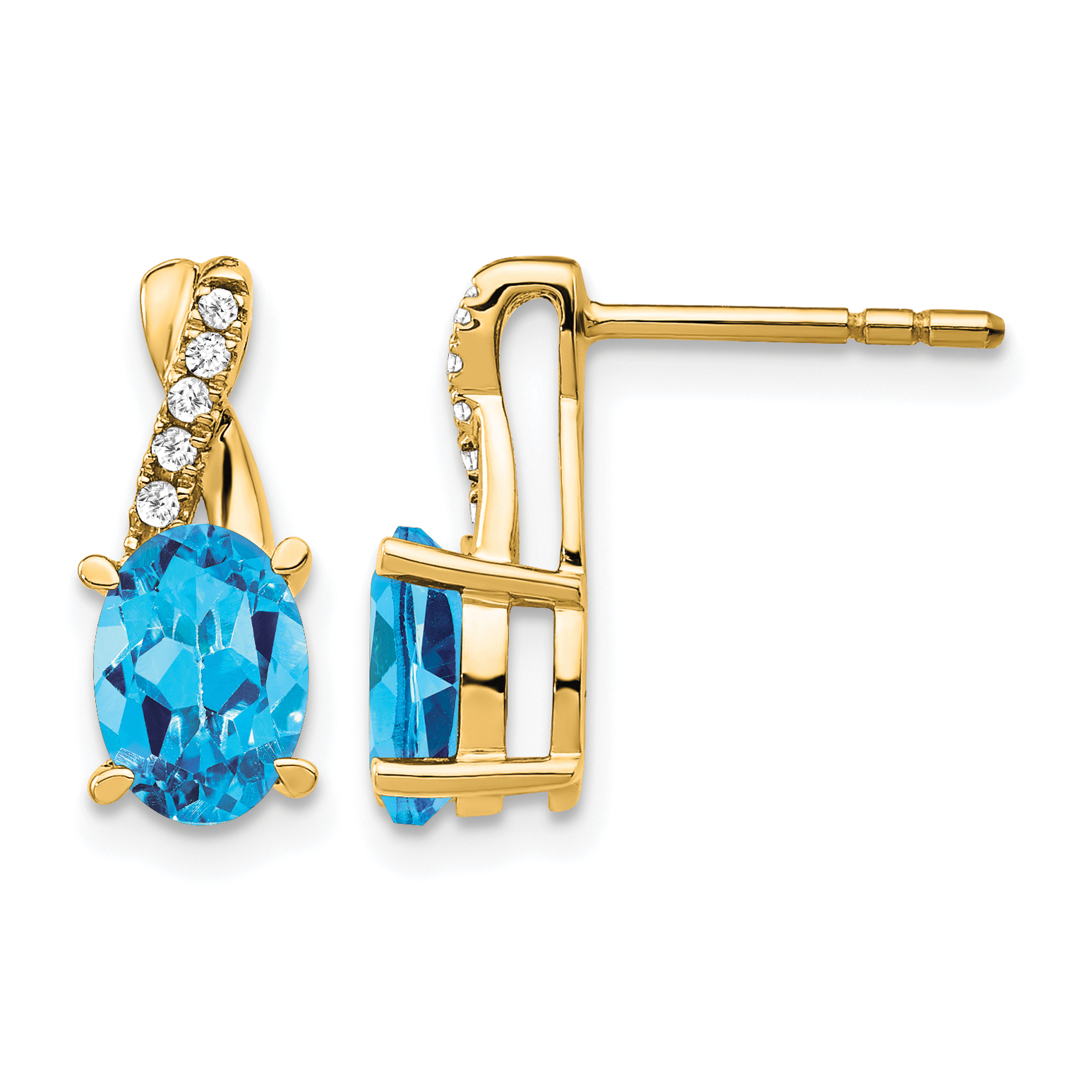 Diamond 7x5mm Oval December Blue Topaz Post Earrings Real 10k Yellow Gold main product image