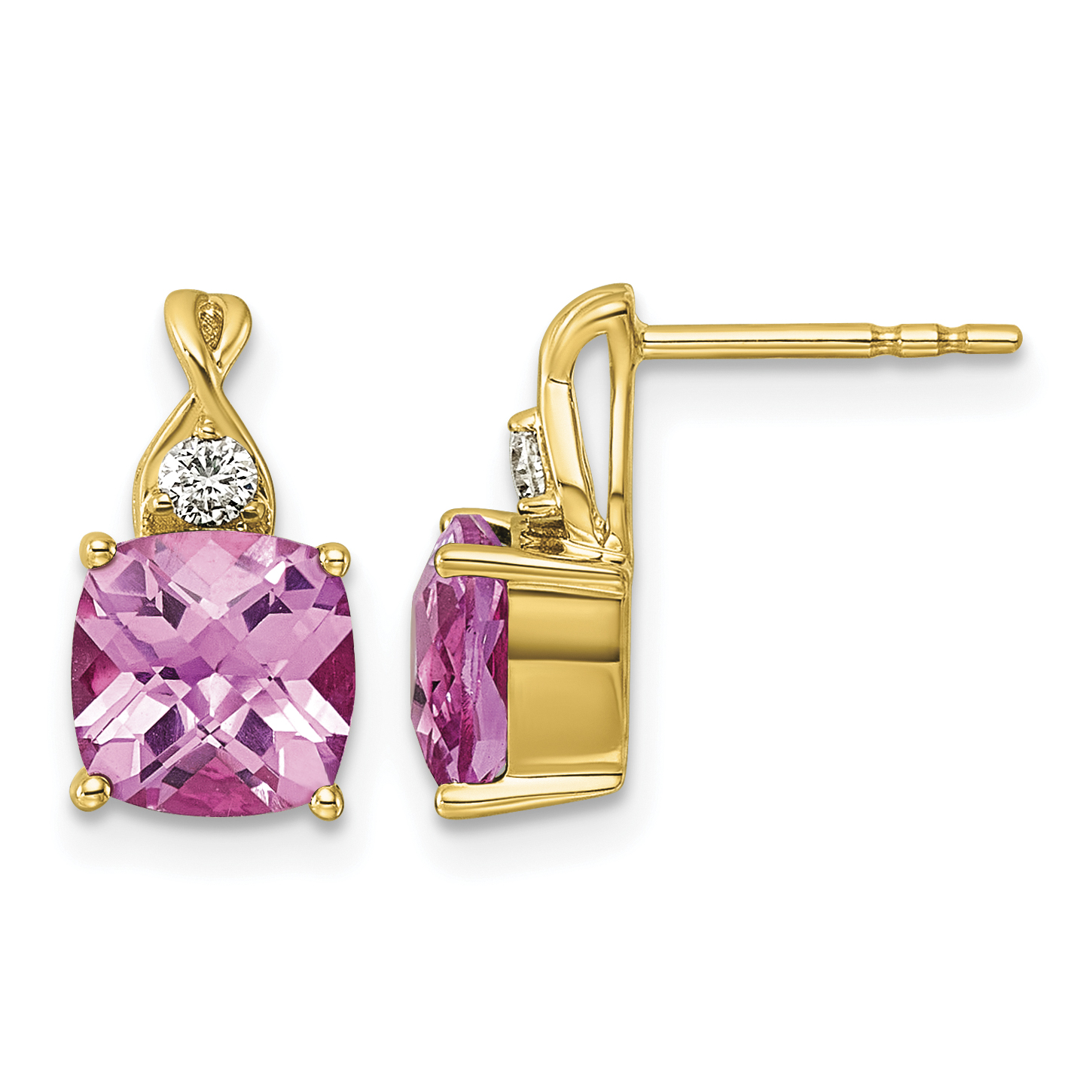 10k Checkerboard Created Pink Sapphire & Lab Grown Diamond VS/SI+ G+ October Birthstone Complete Earrings