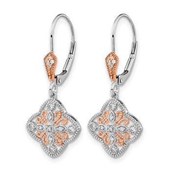 14k White Gold with Rose Rhodium 1/8 carat Diamond Leverback Earrings — alternate view