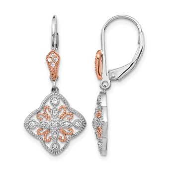 14k White Gold with Rose Rhodium 1/8 carat Diamond Leverback Earrings