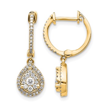 14k Yellow Gold Diamond Teardrop Hinged Hoop Earrings
