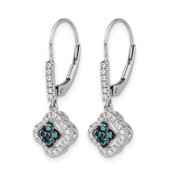 14k White Gold 3/8 carat White and Blue Diamond Dangle Leverback Earrings — alternate view