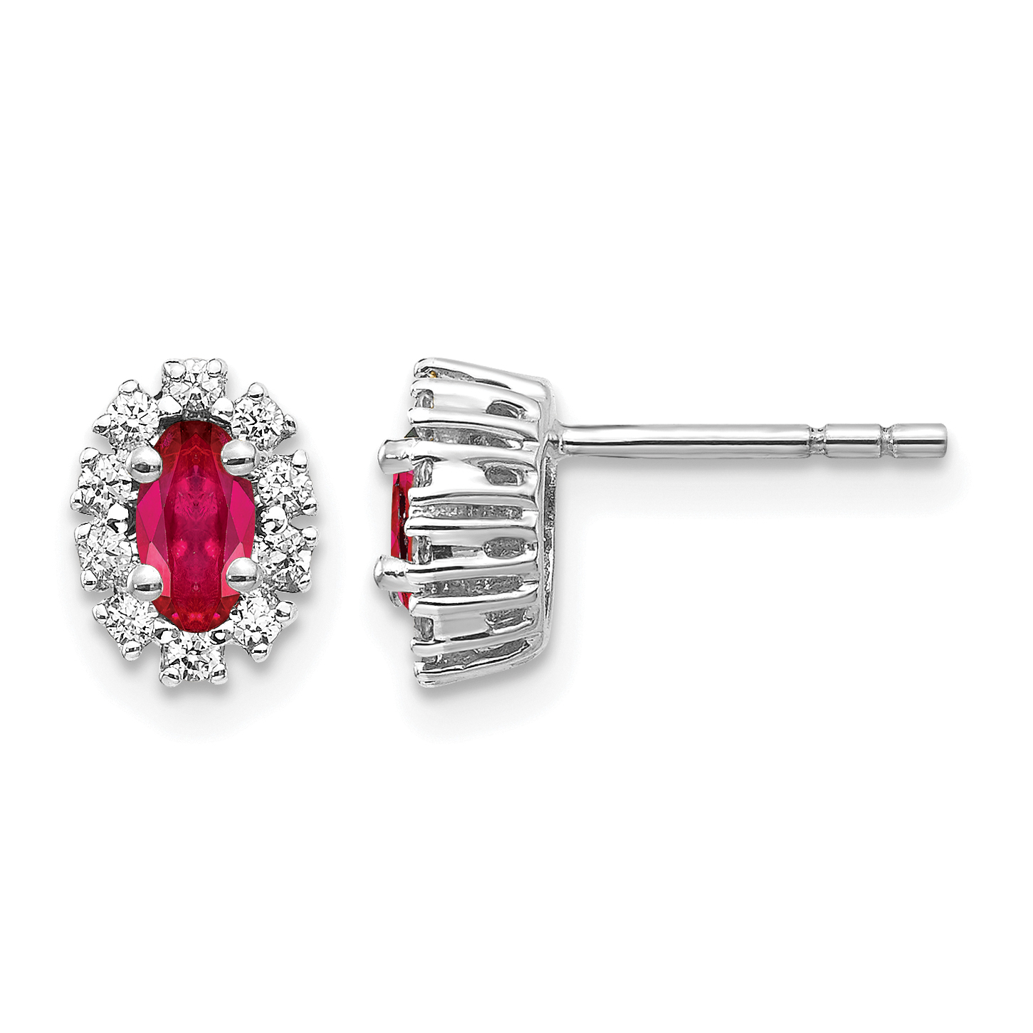 10k White Gold 5x3mm Oval Ruby and Diamond Halo Post Earrings